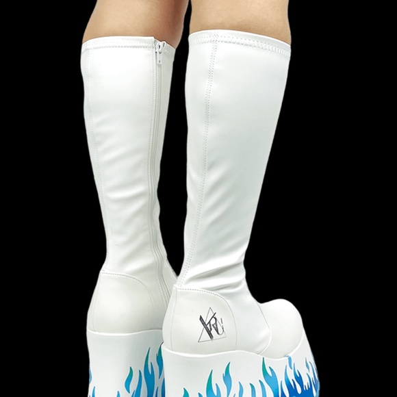 NWT YRU Y.R.U. White Zen Flame Boots blue fire knee high platform gogo - Picture 7 of 11